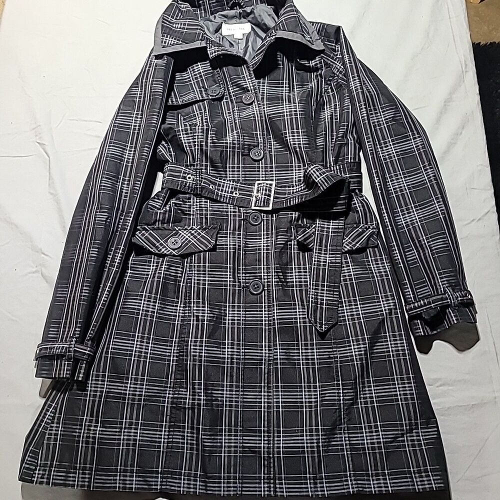 MERONA Classic Black/White Plaid Trench Coat With Belt Womens Large